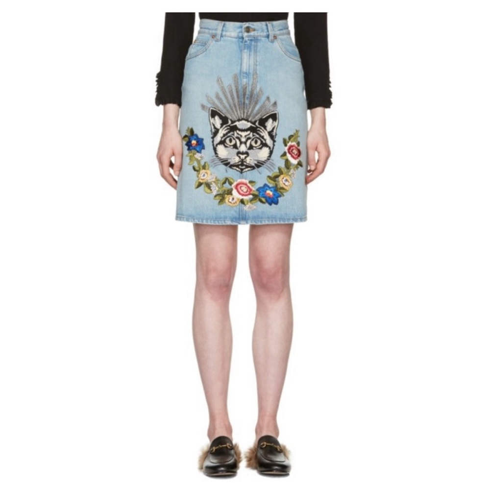 GUCCI Embroidered Cat Floral Denim Skirt US 4 Small - Picture 2 of 14